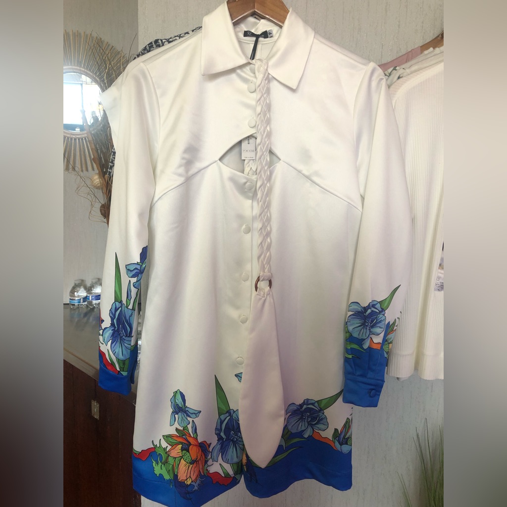 White Jumpsuit With Colorful Print, Buttons And Braided Belt.